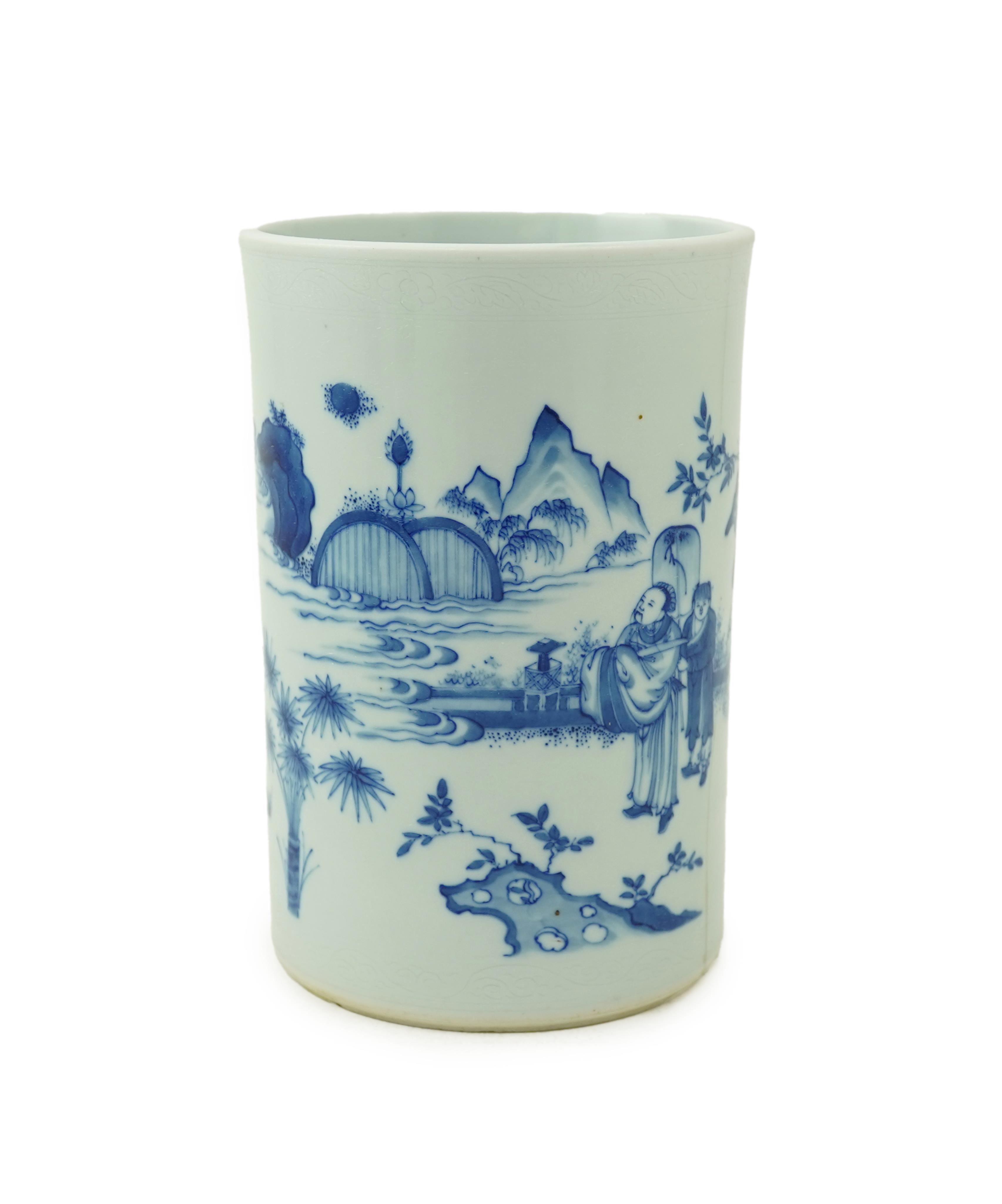 A Chinese blue and white brush pot, Transitional or later